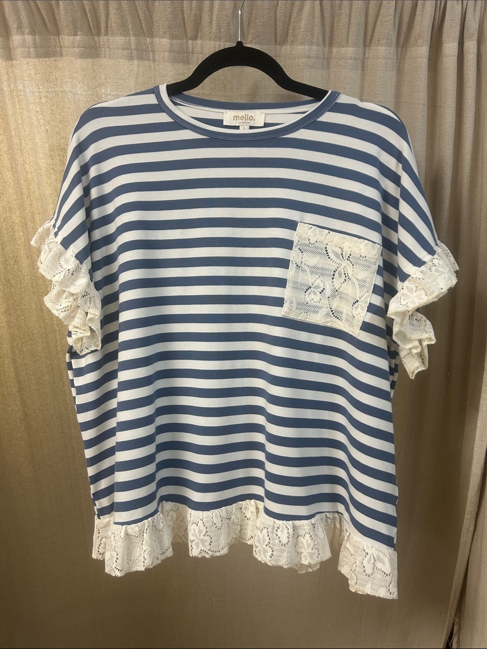 Blue and White Striped Lace-Trim Tee - Mello